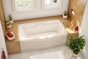 Aker White Bathtub with Wood Shelving