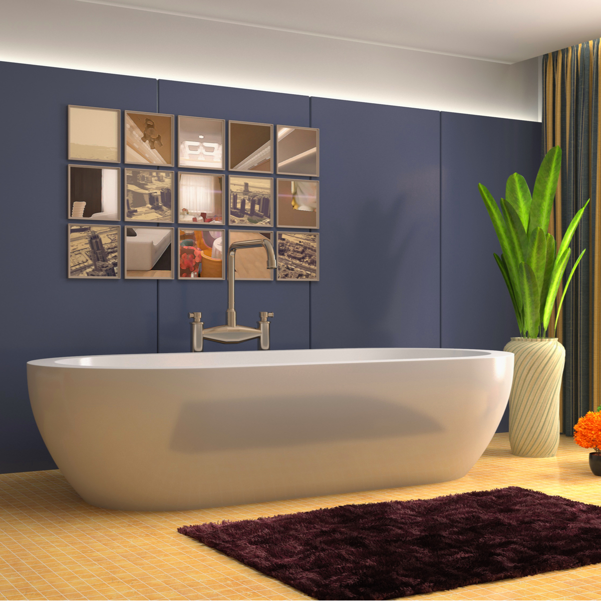 Modern bathroom with wood floor, beautiful bath, blue walls