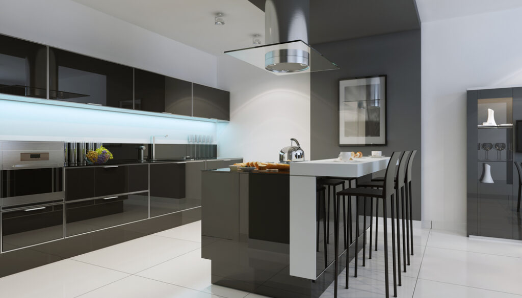 Idea of minimalist kitchen . Modern kitchen with an undermount sink, flat-panel cabinets, black tone cabinets and paneled appliances. 3D render